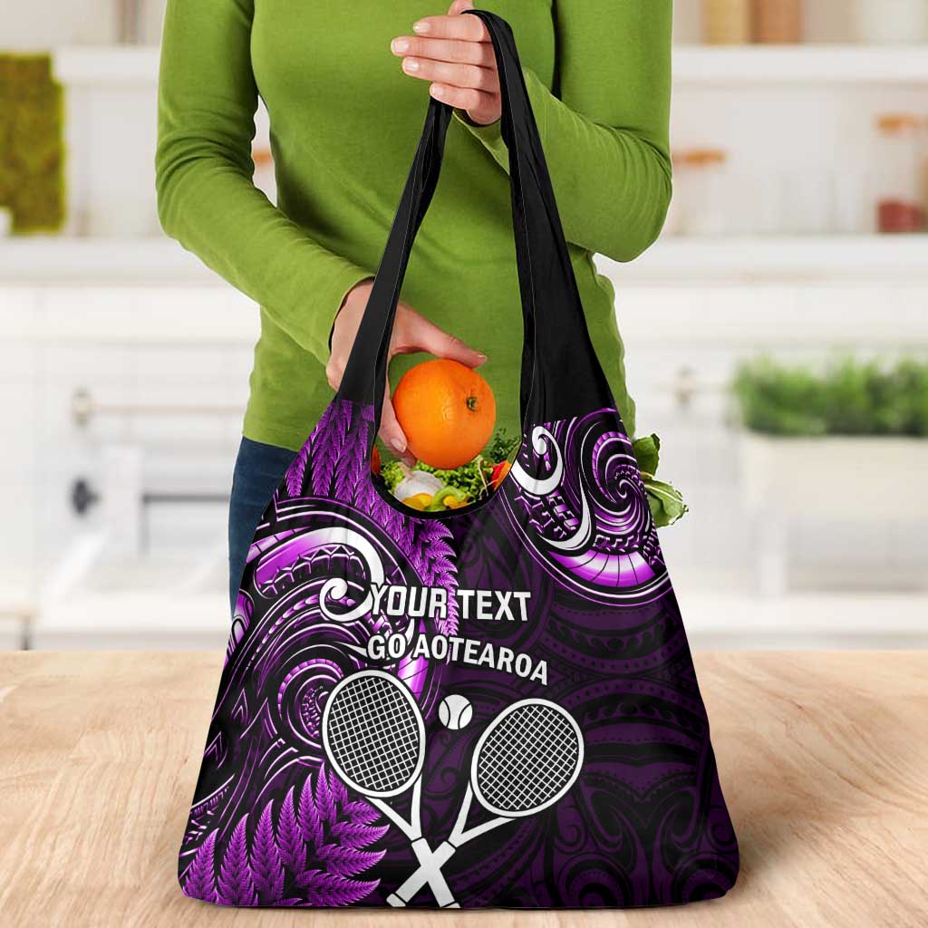 Custom New Zealand Tiki Tennis Grocery Bag Aotearoa Tenehi Maori Silver Fern - Purple