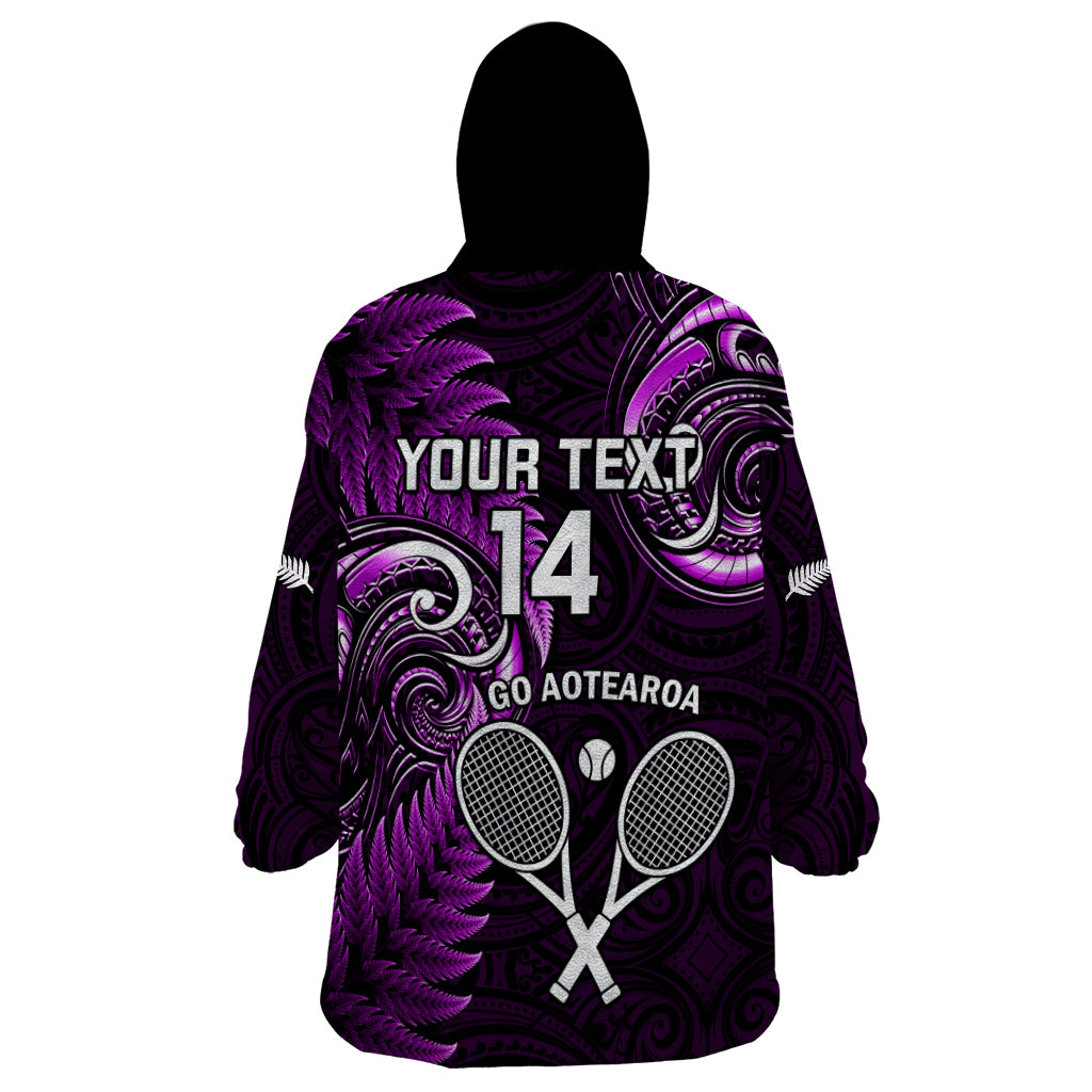 Custom New Zealand Tiki Tennis Wearable Blanket Hoodie 2024 Aotearoa Tenehi Maori Silver Fern - Purple LT14 - Polynesian Pride