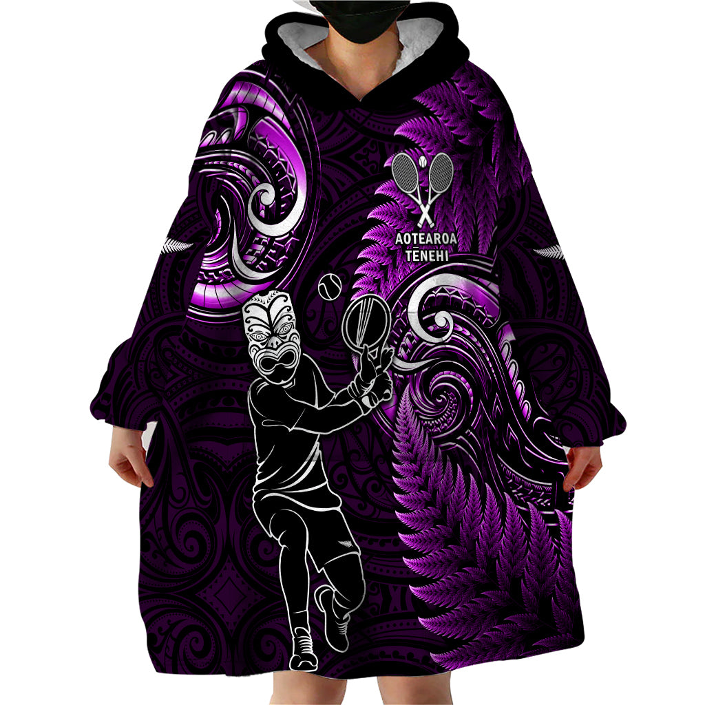 Custom New Zealand Tiki Tennis Wearable Blanket Hoodie 2024 Aotearoa Tenehi Maori Silver Fern - Purple LT14 - Polynesian Pride