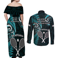 New Zealand Tiki Tennis Couples Matching Off Shoulder Maxi Dress and Long Sleeve Button Shirt 2024 Aotearoa Tenehi Maori Silver Fern - Turquoise LT14 - Polynesian Pride