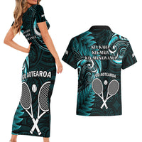 New Zealand Tiki Tennis Couples Matching Short Sleeve Bodycon Dress and Hawaiian Shirt 2024 Aotearoa Tenehi Maori Silver Fern - Turquoise LT14 - Polynesian Pride