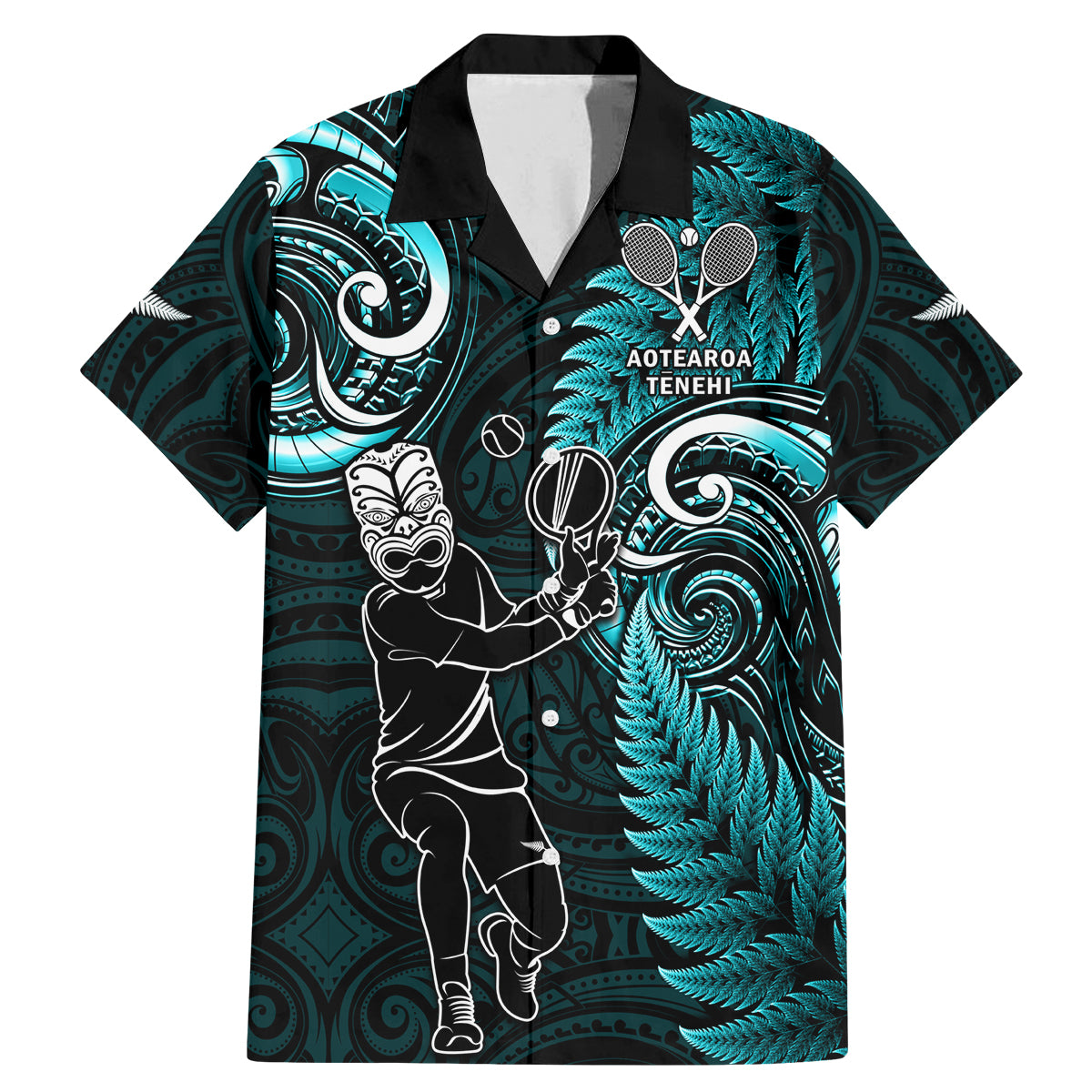 New Zealand Tiki Tennis Family Matching Mermaid Dress and Hawaiian Shirt 2024 Aotearoa Tenehi Maori Silver Fern - Turquoise LT14 Dad's Shirt - Short Sleeve Turquoise - Polynesian Pride