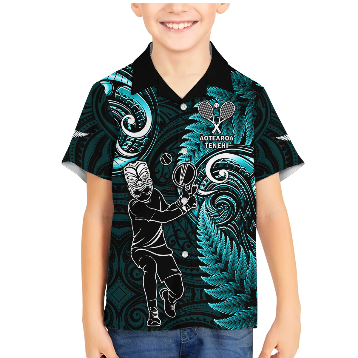 New Zealand Tiki Tennis Family Matching Mermaid Dress and Hawaiian Shirt 2024 Aotearoa Tenehi Maori Silver Fern - Turquoise LT14 Son's Shirt Turquoise - Polynesian Pride