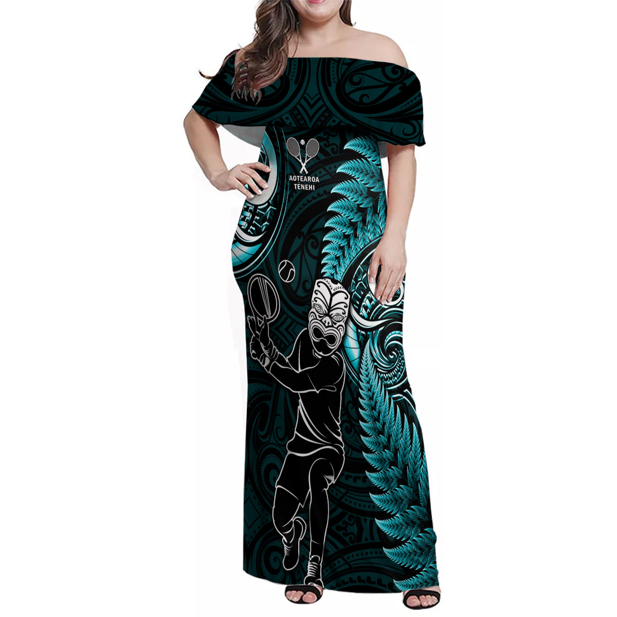New Zealand Tiki Tennis Family Matching Off Shoulder Maxi Dress and Hawaiian Shirt 2024 Aotearoa Tenehi Maori Silver Fern - Turquoise LT14 Mom's Dress Turquoise - Polynesian Pride