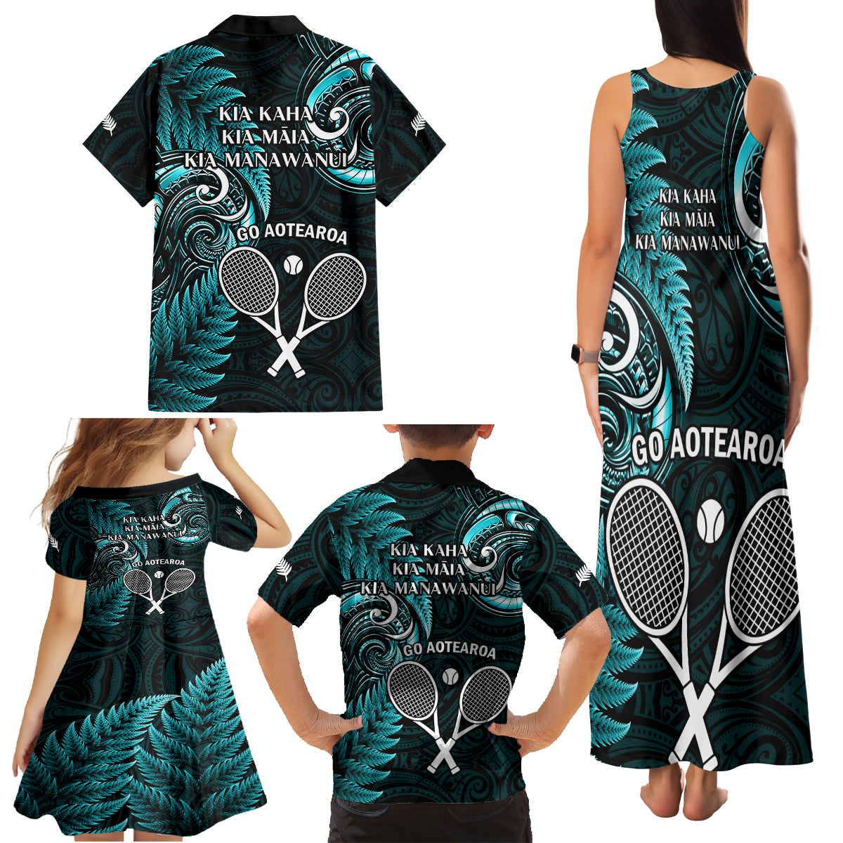 New Zealand Tiki Tennis Family Matching Tank Maxi Dress and Hawaiian Shirt 2024 Aotearoa Tenehi Maori Silver Fern - Turquoise LT14 - Polynesian Pride