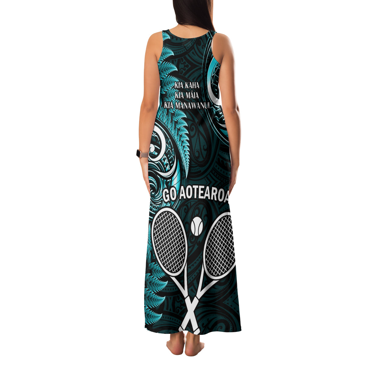 New Zealand Tiki Tennis Family Matching Tank Maxi Dress and Hawaiian Shirt 2024 Aotearoa Tenehi Maori Silver Fern - Turquoise LT14 - Polynesian Pride