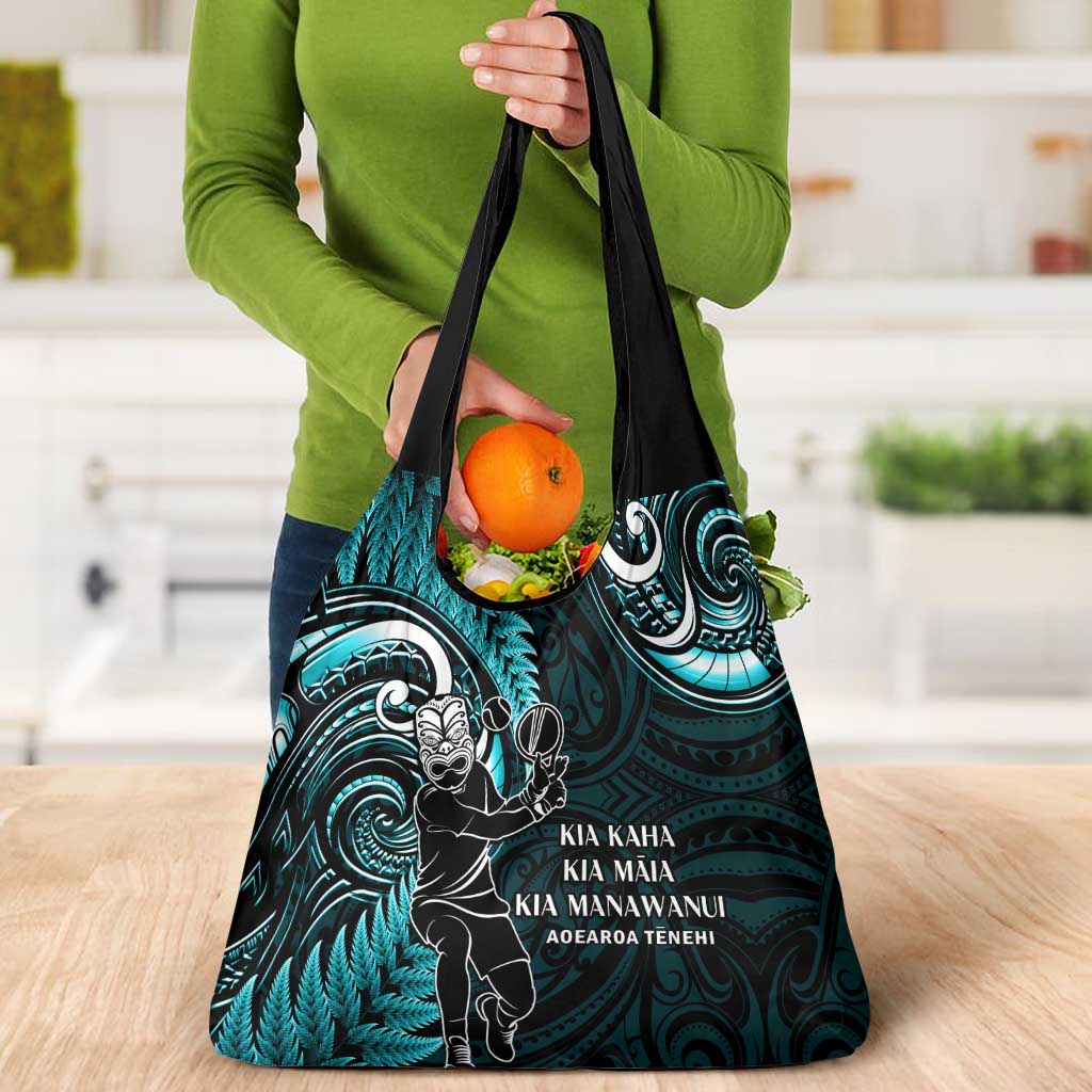New Zealand Tiki Tennis Grocery Bag Aotearoa Tenehi Maori Silver Fern - Turquoise