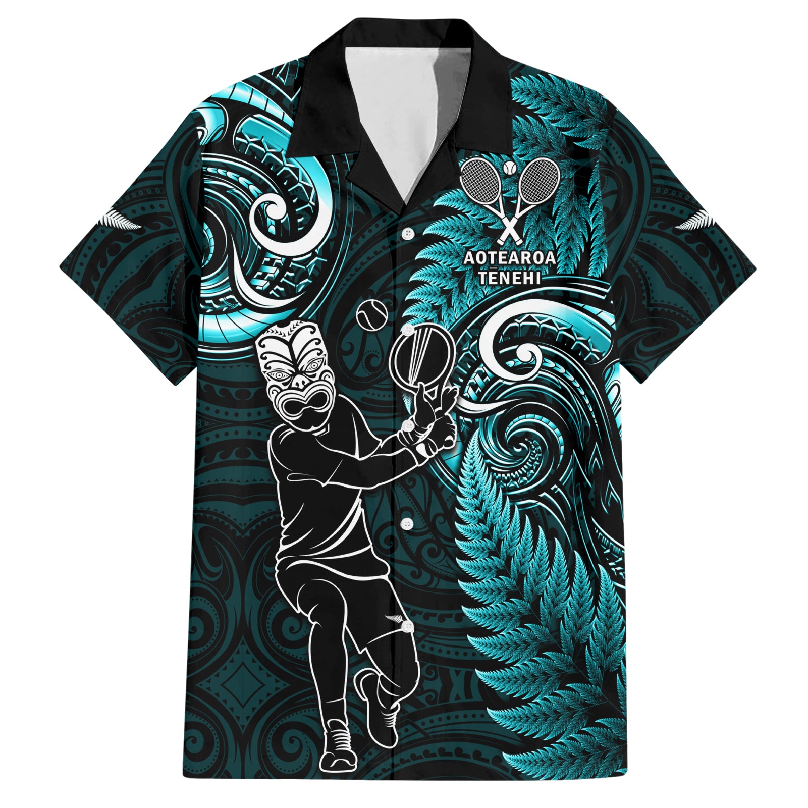 New Zealand Tiki Tennis Hawaiian Shirt 2024 Aotearoa Tenehi Maori Silver Fern - Turquoise LT14 Turquoise - Polynesian Pride