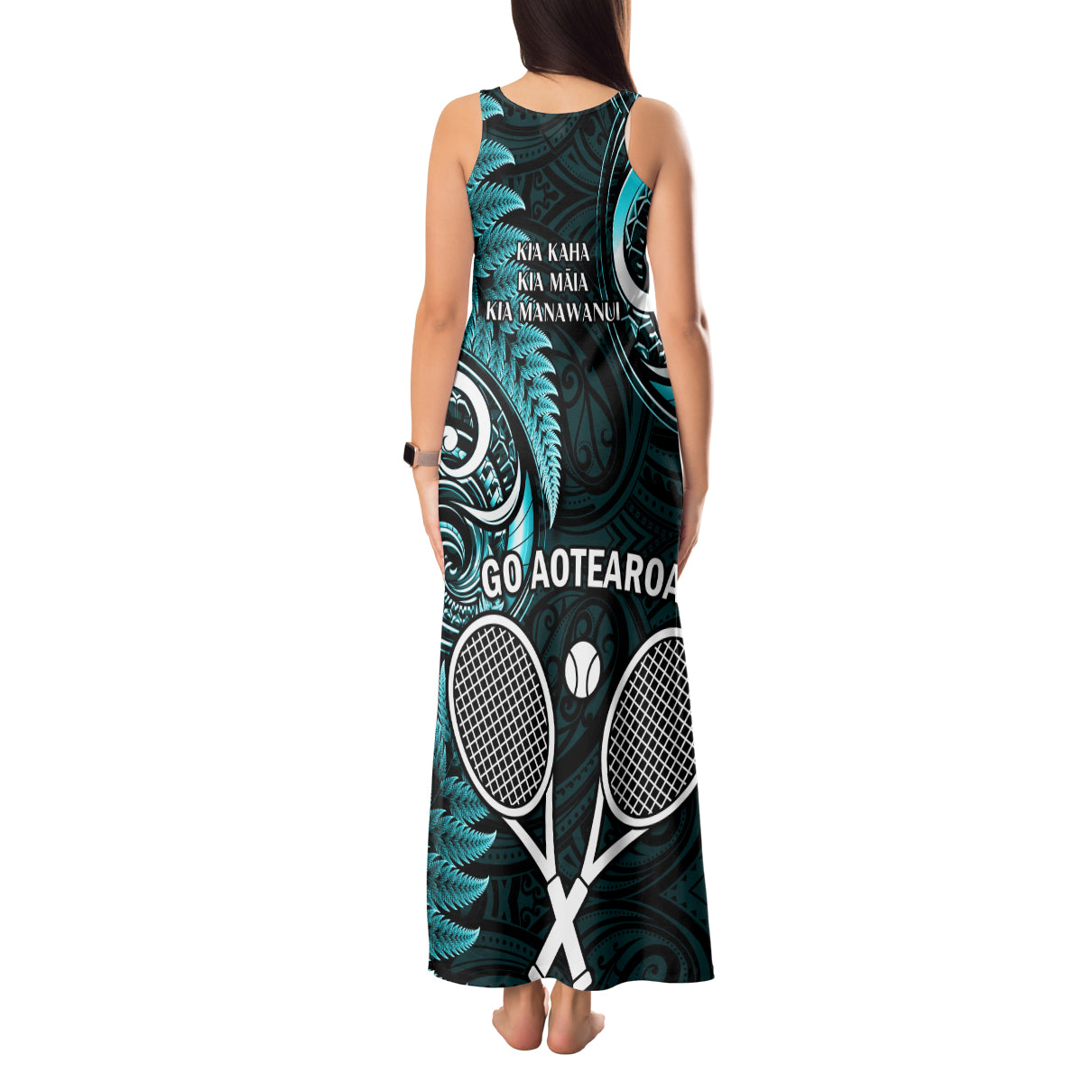 New Zealand Tiki Tennis Tank Maxi Dress 2024 Aotearoa Tenehi Maori Silver Fern - Turquoise LT14 - Polynesian Pride