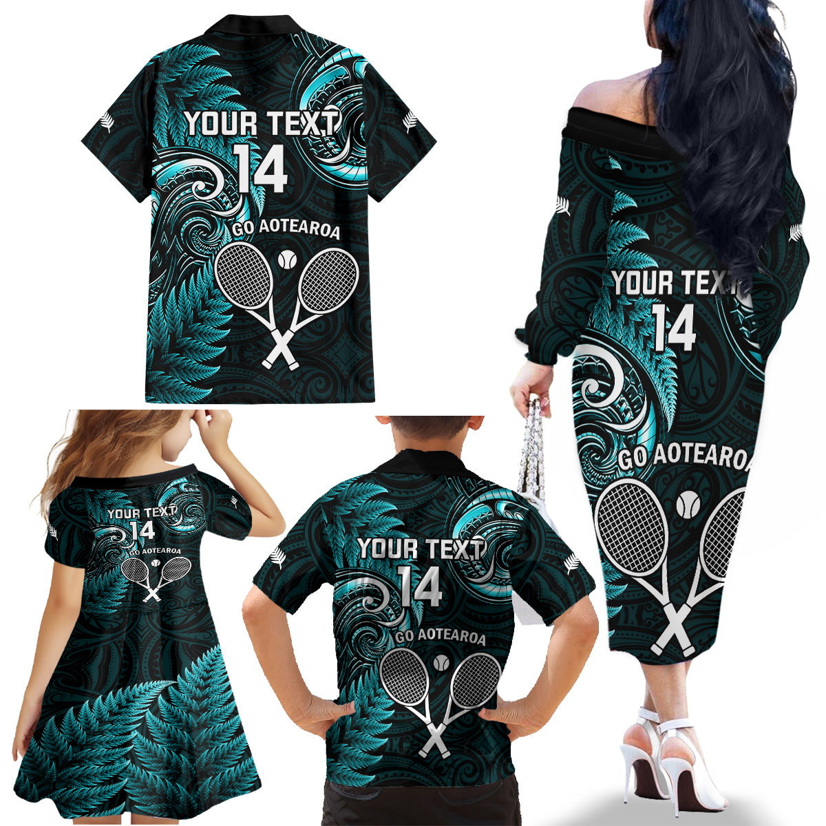 Custom New Zealand Tiki Tennis Family Matching Off Shoulder Long Sleeve Dress and Hawaiian Shirt 2024 Aotearoa Tenehi Maori Silver Fern - Turquoise LT14 - Polynesian Pride