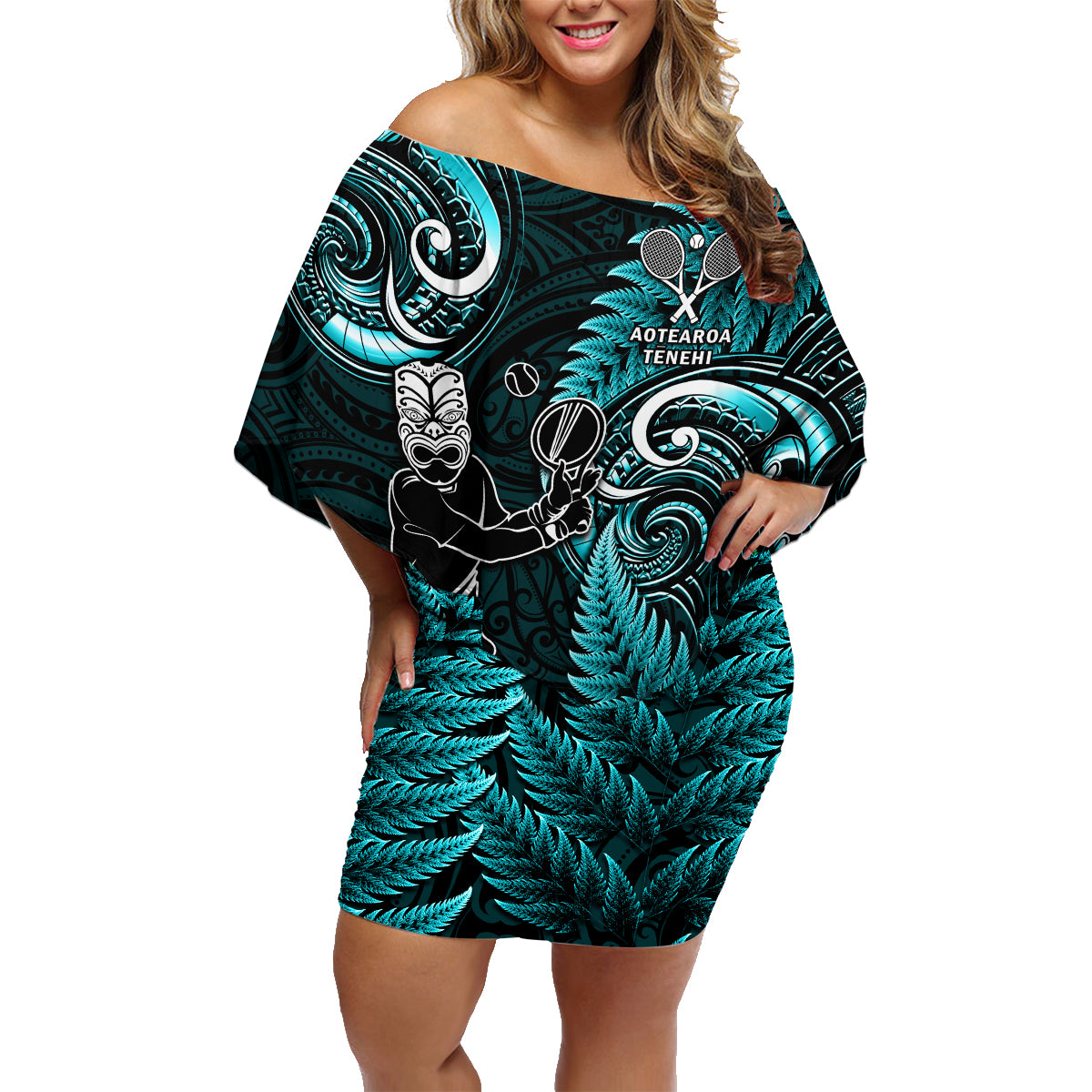 Custom New Zealand Tiki Tennis Family Matching Off Shoulder Short Dress and Hawaiian Shirt 2024 Aotearoa Tenehi Maori Silver Fern - Turquoise LT14 Mom's Dress Turquoise - Polynesian Pride
