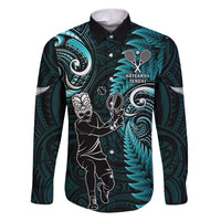 Custom New Zealand Tiki Tennis Family Matching Short Sleeve Bodycon Dress and Hawaiian Shirt 2024 Aotearoa Tenehi Maori Silver Fern - Turquoise LT14 Dad's Shirt - Long Sleeve Turquoise - Polynesian Pride
