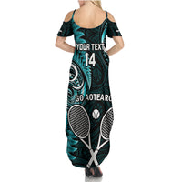 Custom New Zealand Tiki Tennis Family Matching Summer Maxi Dress and Hawaiian Shirt 2024 Aotearoa Tenehi Maori Silver Fern - Turquoise LT14 - Polynesian Pride