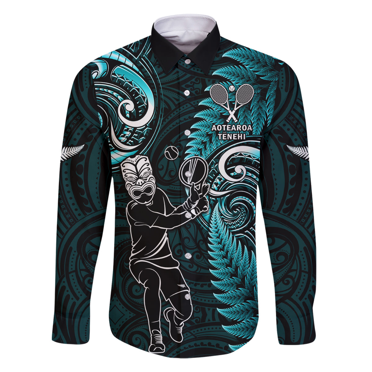Custom New Zealand Tiki Tennis Family Matching Tank Maxi Dress and Hawaiian Shirt 2024 Aotearoa Tenehi Maori Silver Fern - Turquoise LT14 Dad's Shirt - Long Sleeve Turquoise - Polynesian Pride