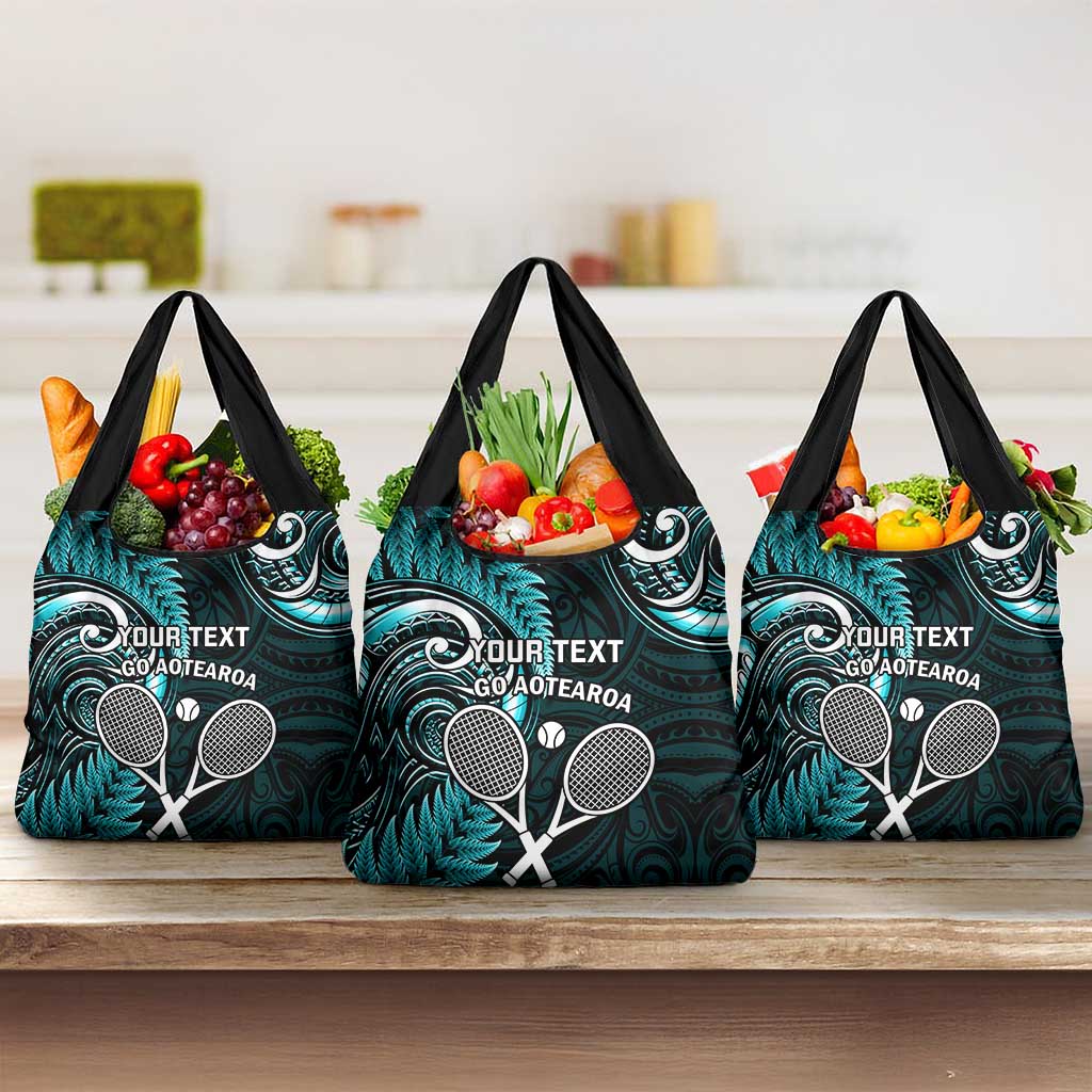 Custom New Zealand Tiki Tennis Grocery Bag Aotearoa Tenehi Maori Silver Fern - Turquoise