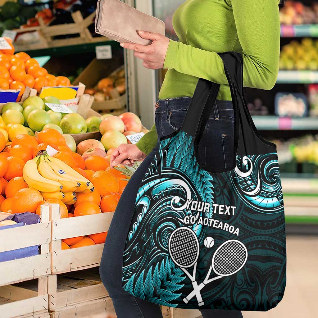 Custom New Zealand Tiki Tennis Grocery Bag Aotearoa Tenehi Maori Silver Fern - Turquoise