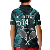 Custom New Zealand Tiki Tennis Kid Polo Shirt 2024 Aotearoa Tenehi Maori Silver Fern - Turquoise LT14 - Polynesian Pride
