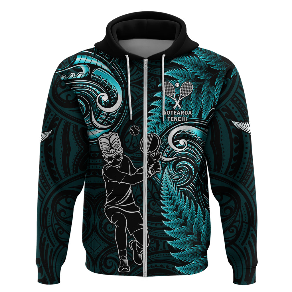 Custom New Zealand Tiki Tennis Zip Hoodie 2024 Aotearoa Tenehi Maori Silver Fern - Turquoise LT14 Zip Hoodie Turquoise - Polynesian Pride