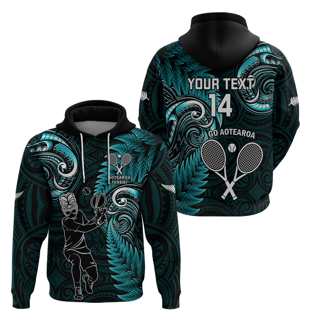 Custom New Zealand Tiki Tennis Zip Hoodie 2024 Aotearoa Tenehi Maori Silver Fern - Turquoise LT14 - Polynesian Pride