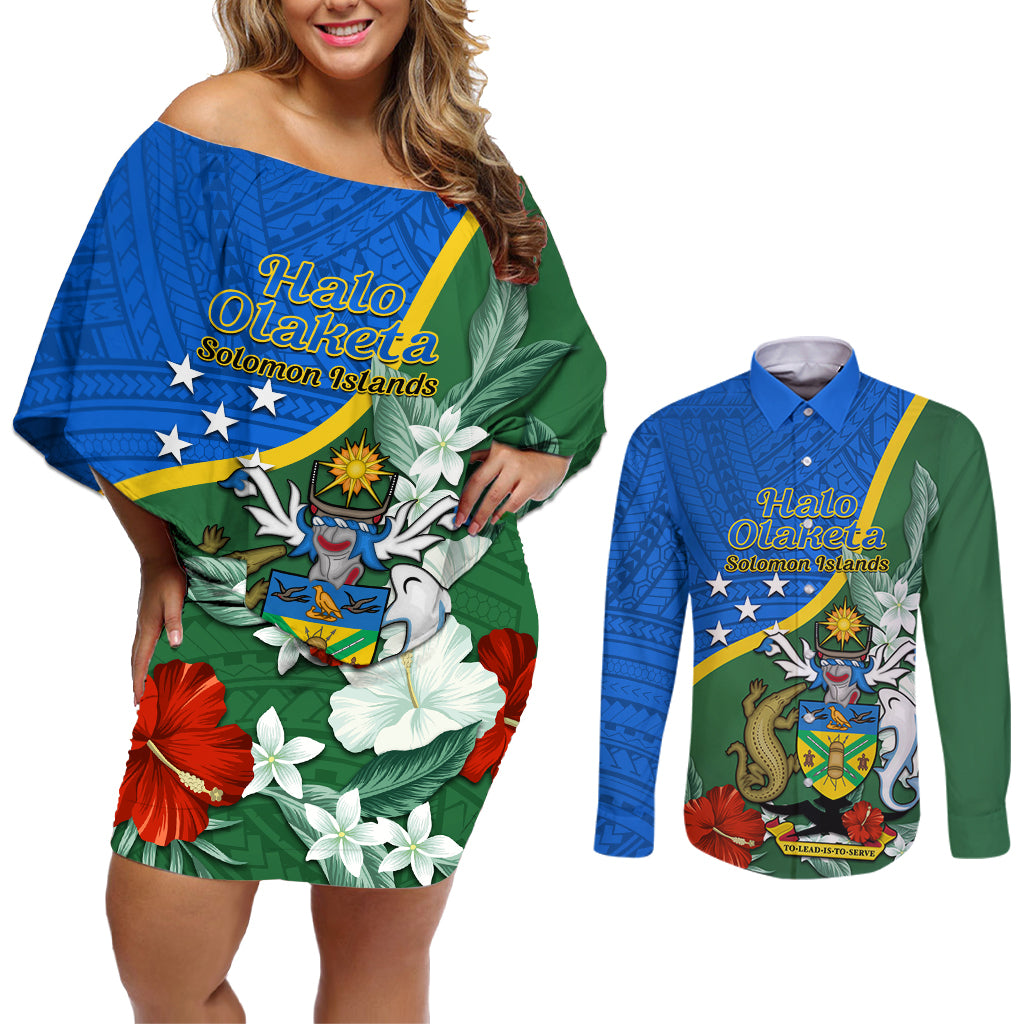 Personalised Halo Olaketa Solomon Islands Couples Matching Off Shoulder Short Dress and Long Sleeve Button Shirt Coat Of Arms With Tropical Flowers Flag Style LT14 Green - Polynesian Pride