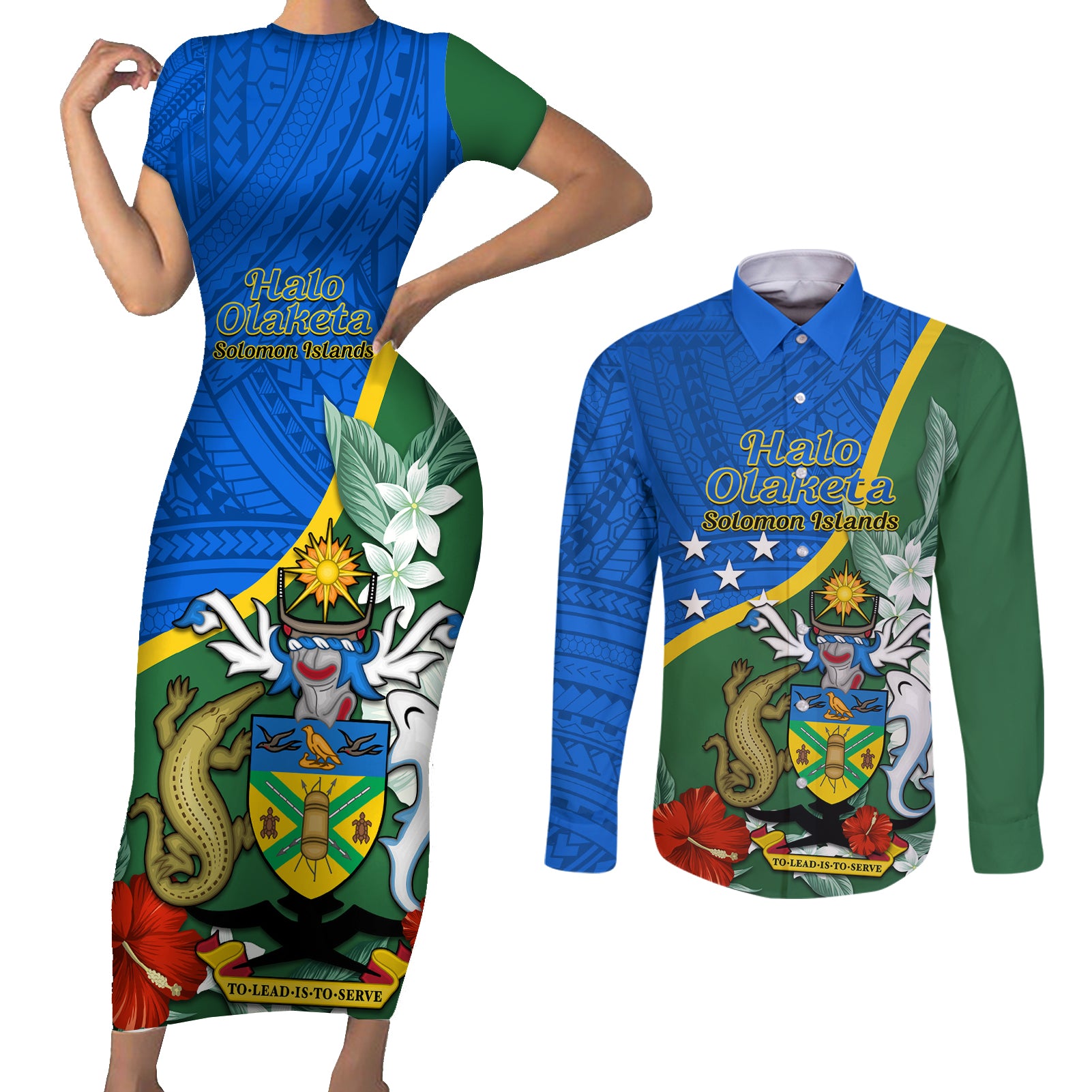 Personalised Halo Olaketa Solomon Islands Couples Matching Short Sleeve Bodycon Dress and Long Sleeve Button Shirt Coat Of Arms With Tropical Flowers Flag Style LT14 Green - Polynesian Pride