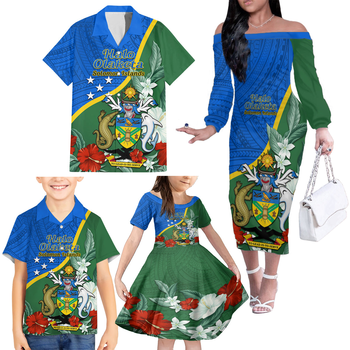 Personalised Halo Olaketa Solomon Islands Family Matching Off Shoulder Long Sleeve Dress and Hawaiian Shirt Coat Of Arms With Tropical Flowers Flag Style LT14 - Polynesian Pride