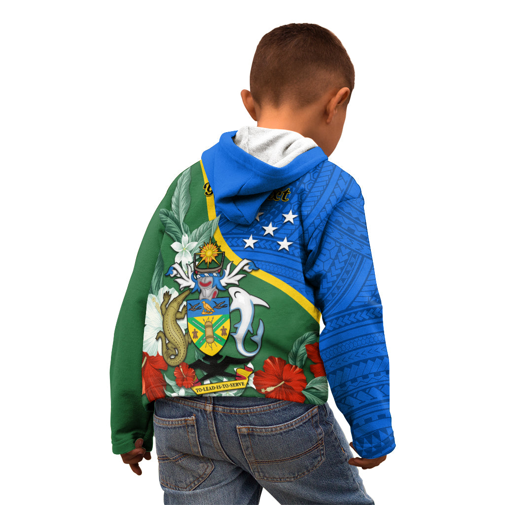 Personalised Halo Olaketa Solomon Islands Kid Hoodie Coat Of Arms With Tropical Flowers Flag Style LT14 - Polynesian Pride