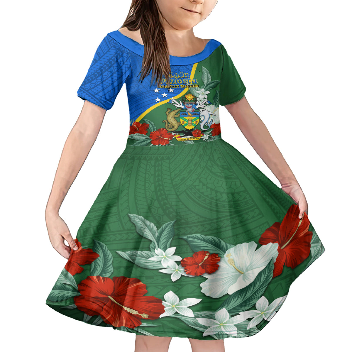 Personalised Halo Olaketa Solomon Islands Kid Short Sleeve Dress Coat Of Arms With Tropical Flowers Flag Style LT14 KID Green - Polynesian Pride