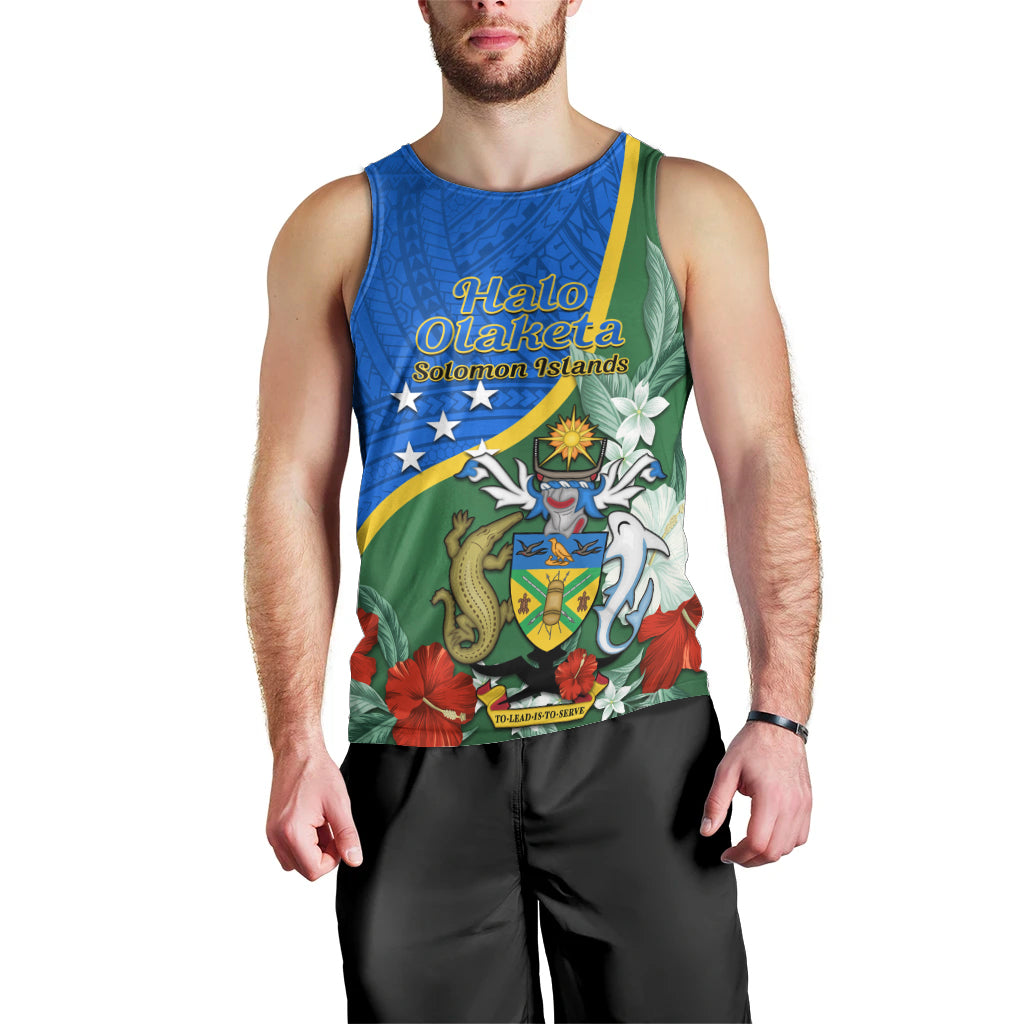 Personalised Halo Olaketa Solomon Islands Men Tank Top Coat Of Arms With Tropical Flowers Flag Style LT14 - Polynesian Pride