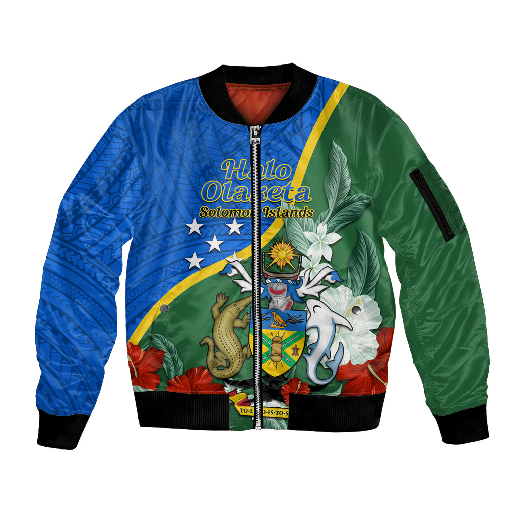 Personalised Halo Olaketa Solomon Islands Sleeve Zip Bomber Jacket Coat Of Arms With Tropical Flowers Flag Style LT14 Unisex Green - Polynesian Pride