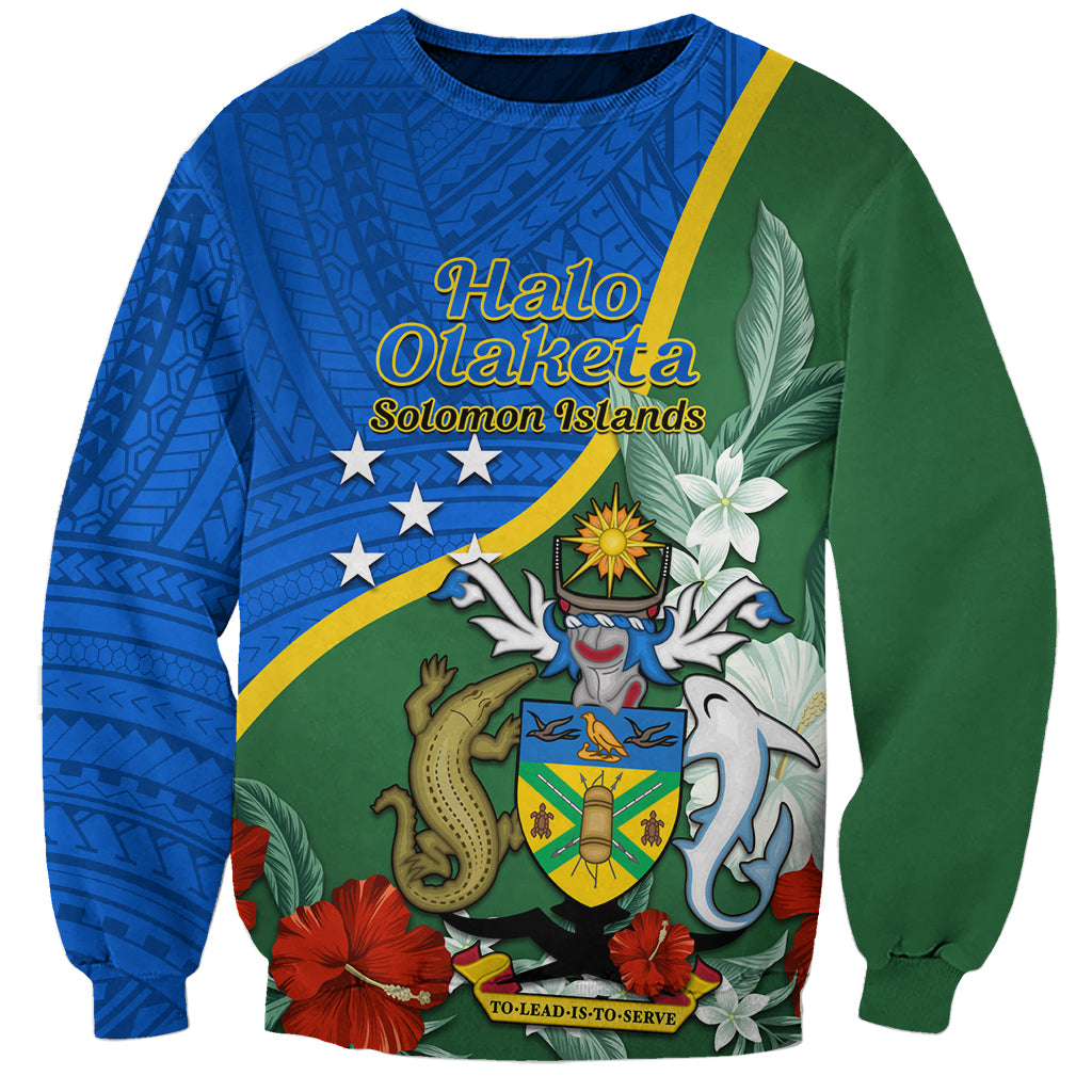 Personalised Halo Olaketa Solomon Islands Sweatshirt Coat Of Arms With Tropical Flowers Flag Style LT14 Unisex Green - Polynesian Pride