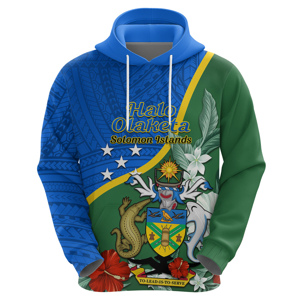 Personalised Halo Olaketa Solomon Islands Zip Hoodie Coat Of Arms With Tropical Flowers Flag Style LT14 - Polynesian Pride
