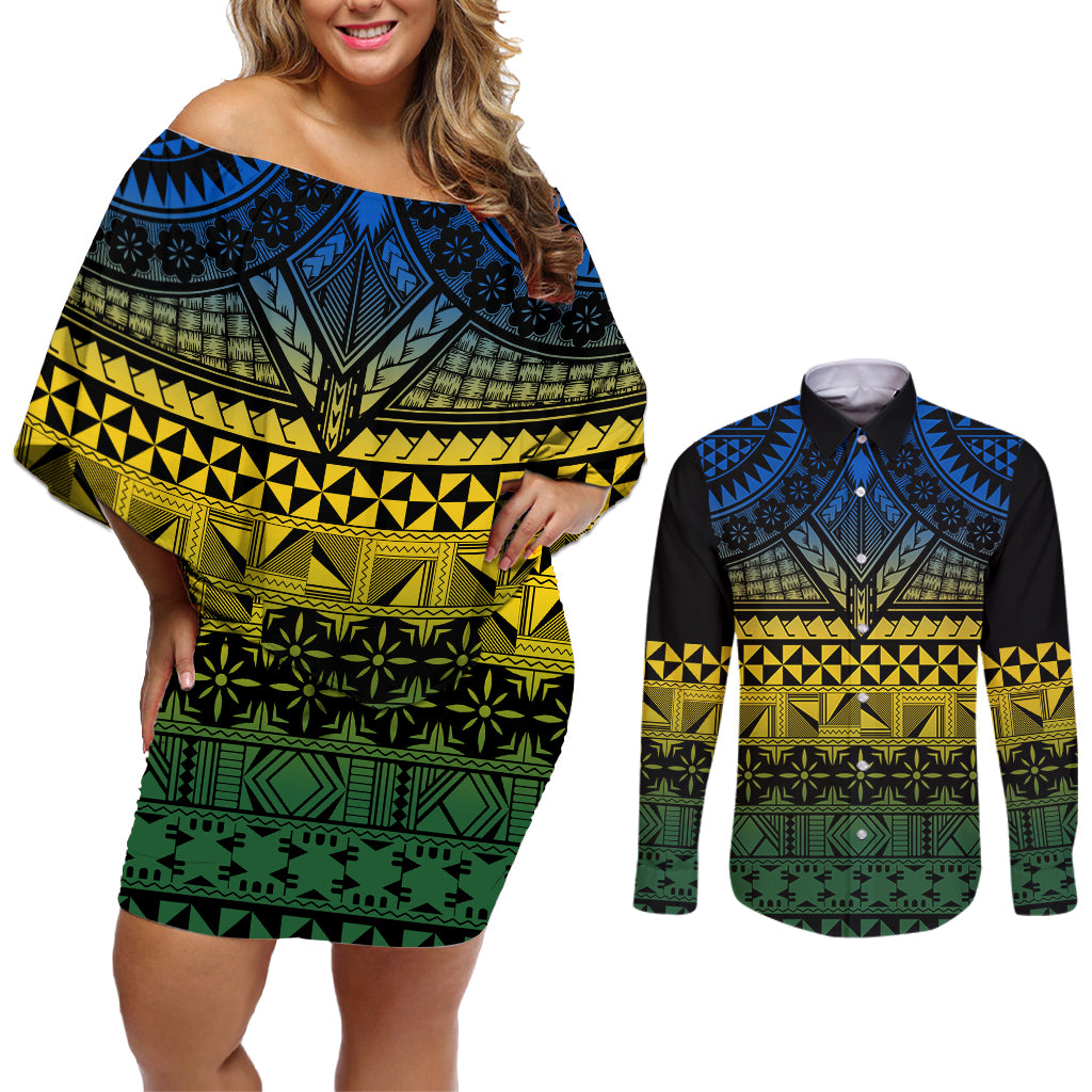 Halo Olaketa Solomon Islands Couples Matching Off Shoulder Short Dress and Long Sleeve Button Shirt Melanesian Tribal Pattern Gradient Version LT14 Black - Polynesian Pride