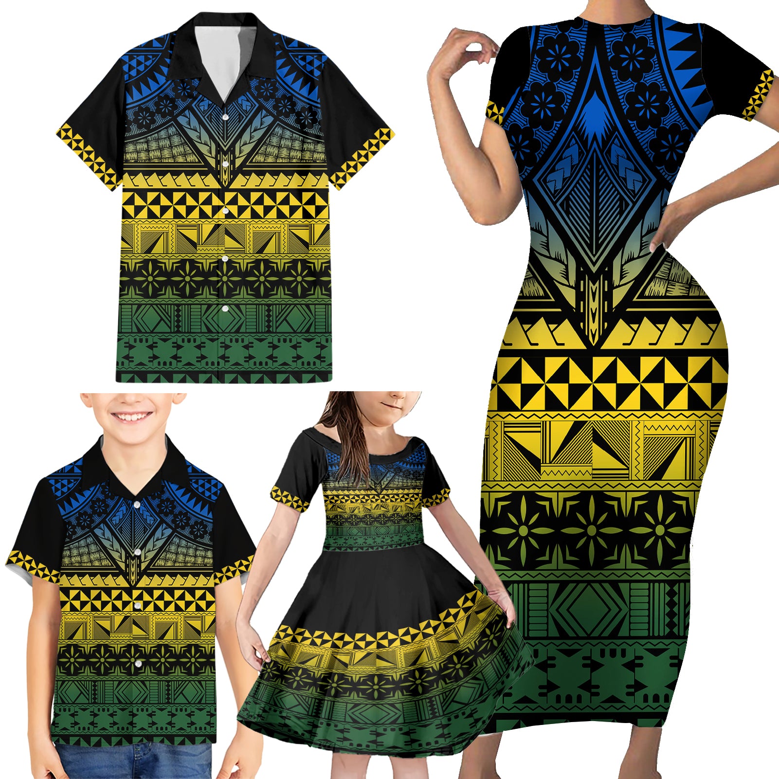 Halo Olaketa Solomon Islands Family Matching Short Sleeve Bodycon Dress and Hawaiian Shirt Melanesian Tribal Pattern Gradient Version LT14 - Polynesian Pride