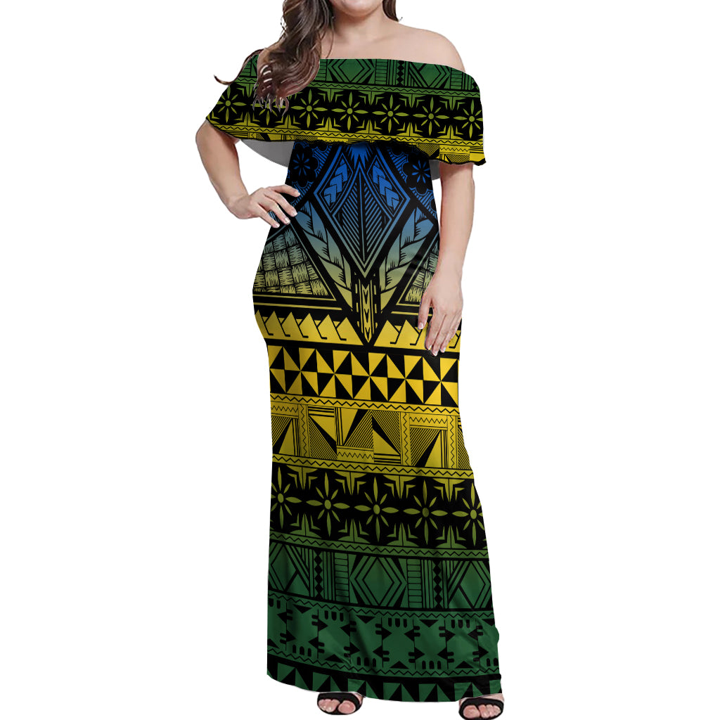 Halo Olaketa Solomon Islands Off Shoulder Maxi Dress Melanesian Tribal Pattern Gradient Version LT14 Women Black - Polynesian Pride