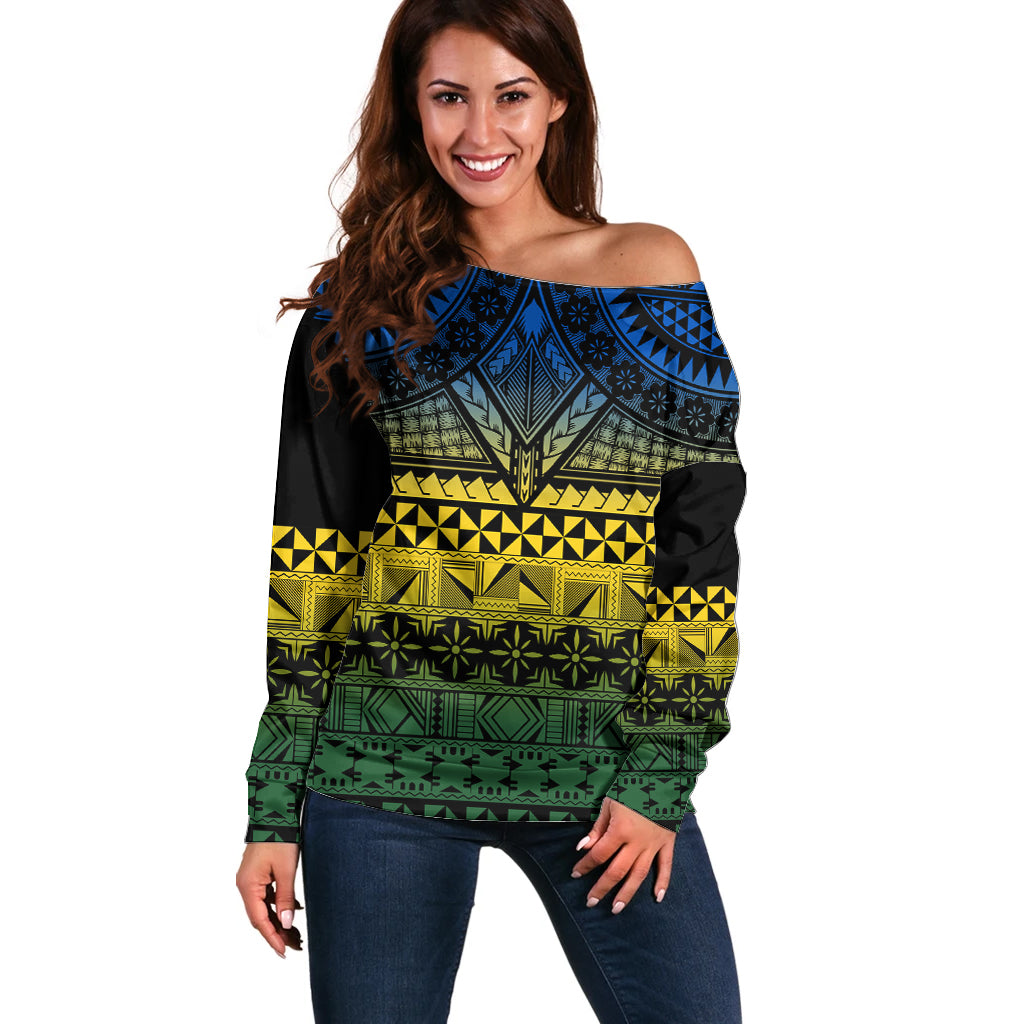 Halo Olaketa Solomon Islands Off Shoulder Sweater Melanesian Tribal Pattern Gradient Version LT14 Women Black - Polynesian Pride