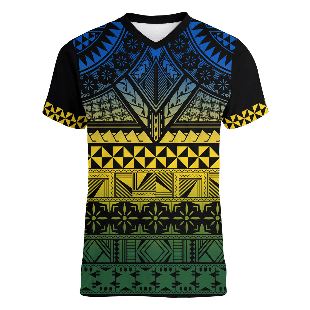 Halo Olaketa Solomon Islands Women V Neck T Shirt Melanesian Tribal Pattern Gradient Version LT14 Female Black - Polynesian Pride