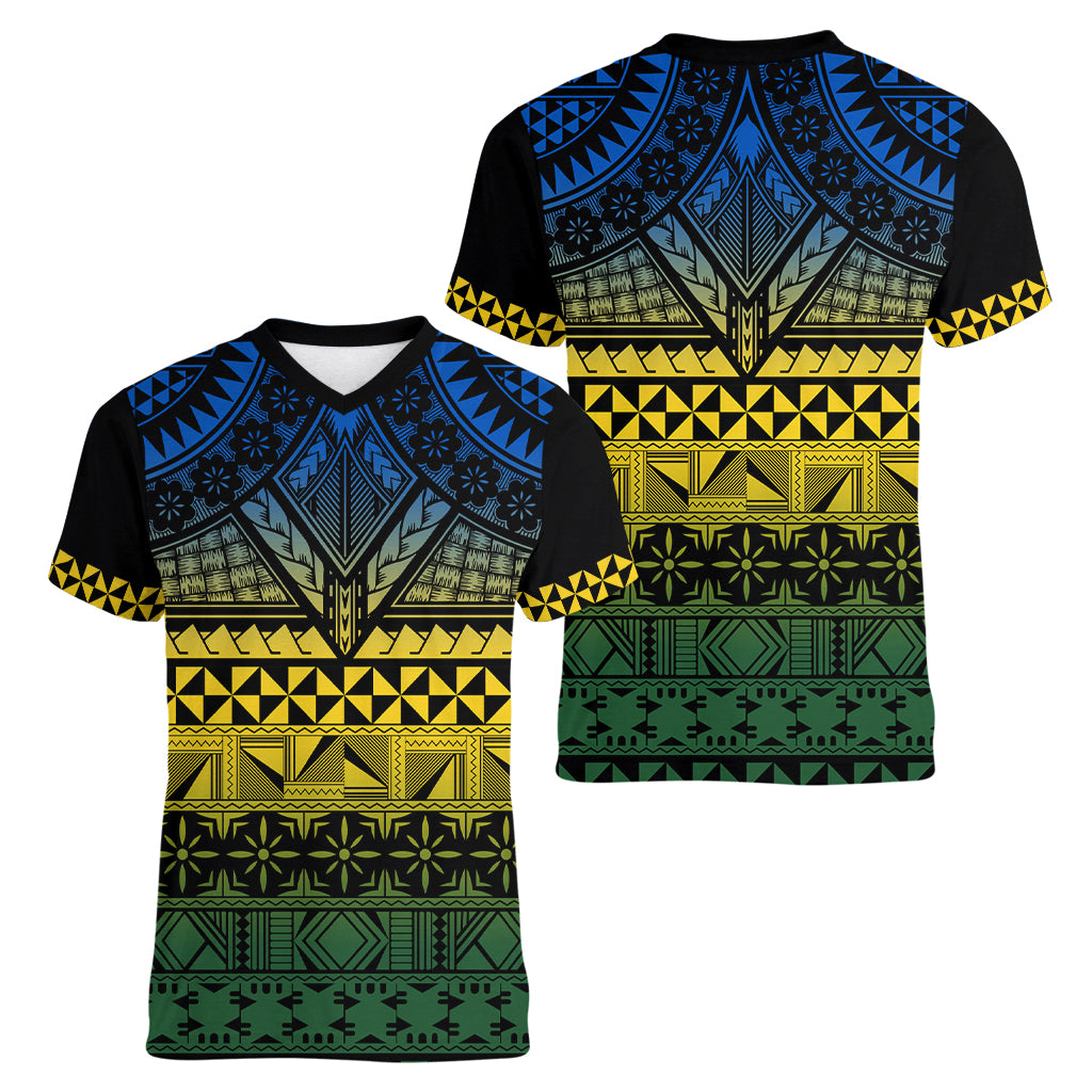 Halo Olaketa Solomon Islands Women V Neck T Shirt Melanesian Tribal Pattern Gradient Version LT14 - Polynesian Pride