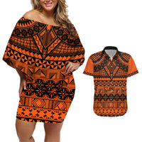Halo Olaketa Solomon Islands Couples Matching Off Shoulder Short Dress and Hawaiian Shirt Melanesian Tribal Pattern Orange Version LT14 Orange - Polynesian Pride