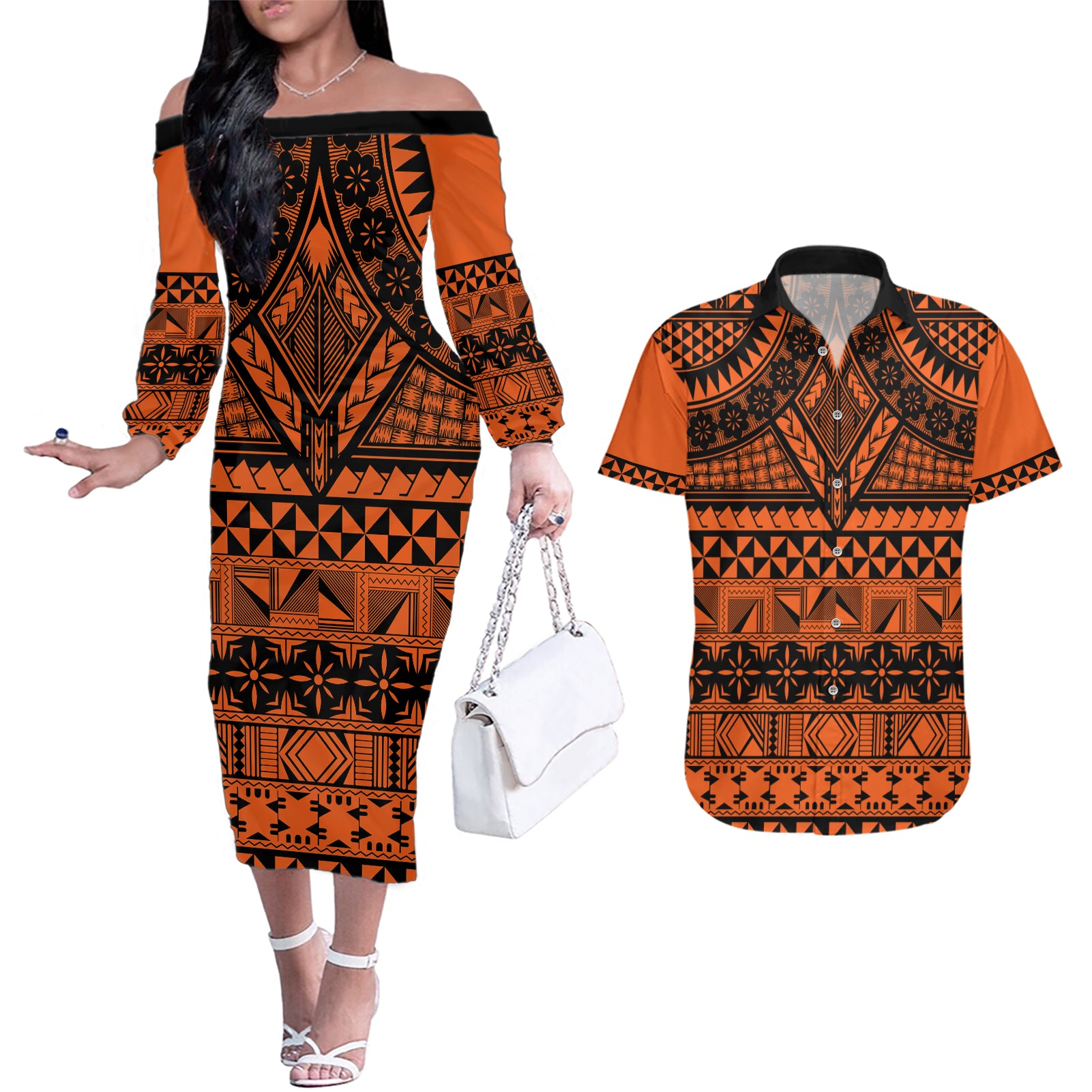 Halo Olaketa Solomon Islands Couples Matching Off The Shoulder Long Sleeve Dress and Hawaiian Shirt Melanesian Tribal Pattern Orange Version LT14 Orange - Polynesian Pride