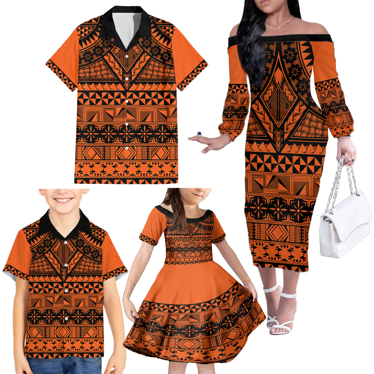 Halo Olaketa Solomon Islands Family Matching Off Shoulder Long Sleeve Dress and Hawaiian Shirt Melanesian Tribal Pattern Orange Version LT14 - Polynesian Pride