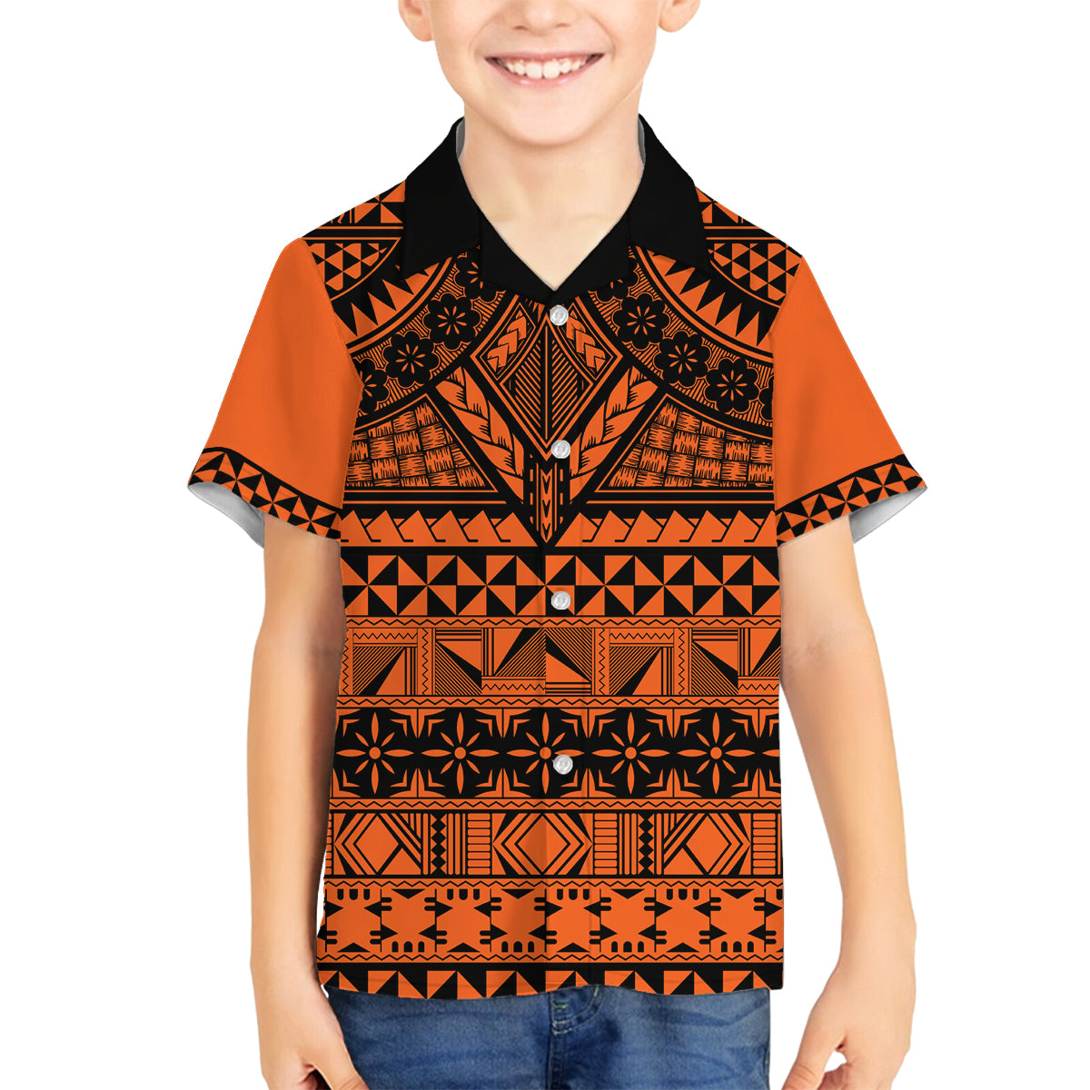 Halo Olaketa Solomon Islands Family Matching Summer Maxi Dress and Hawaiian Shirt Melanesian Tribal Pattern Orange Version LT14 Son's Shirt Orange - Polynesian Pride