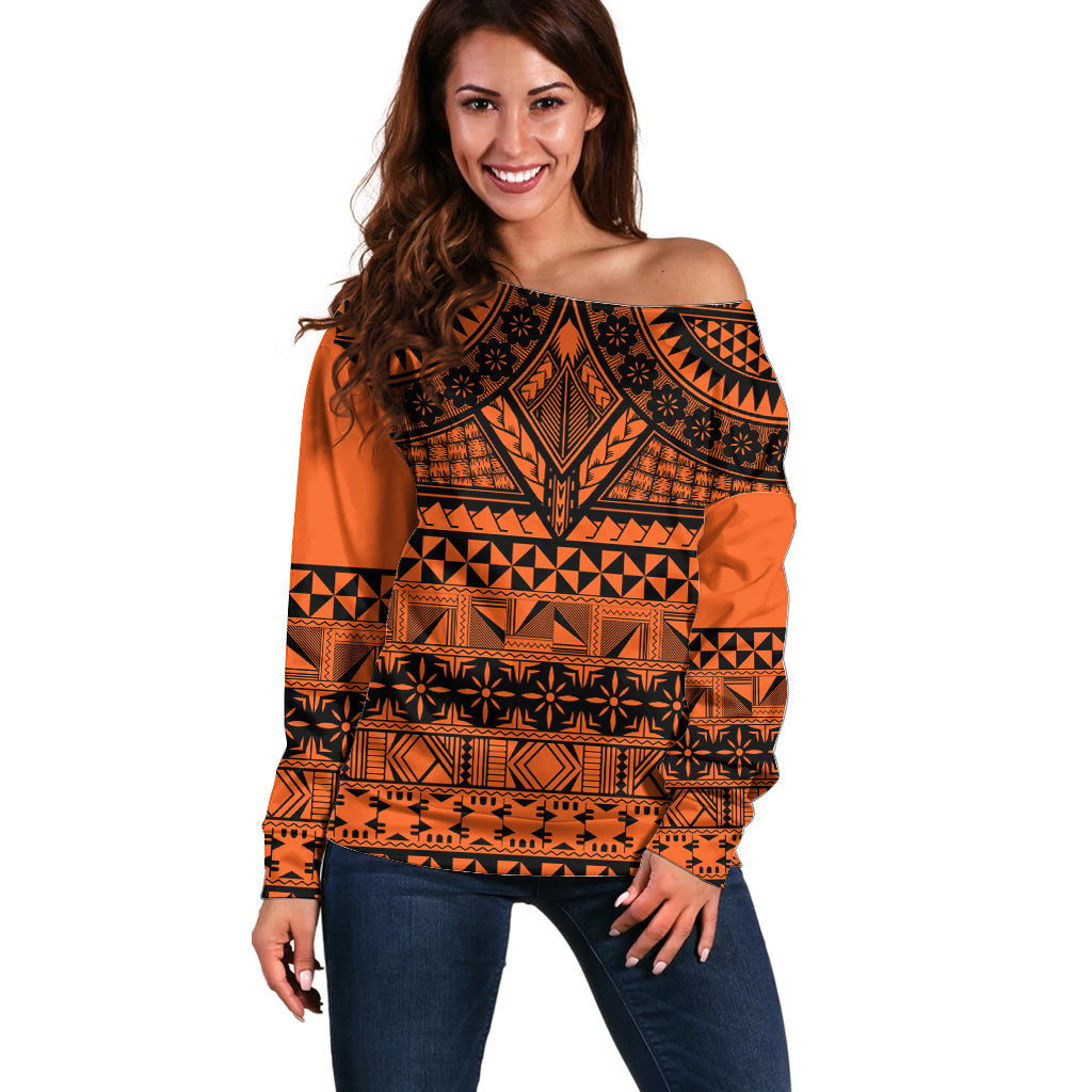 Halo Olaketa Solomon Islands Off Shoulder Sweater Melanesian Tribal Pattern Orange Version LT14 Women Orange - Polynesian Pride