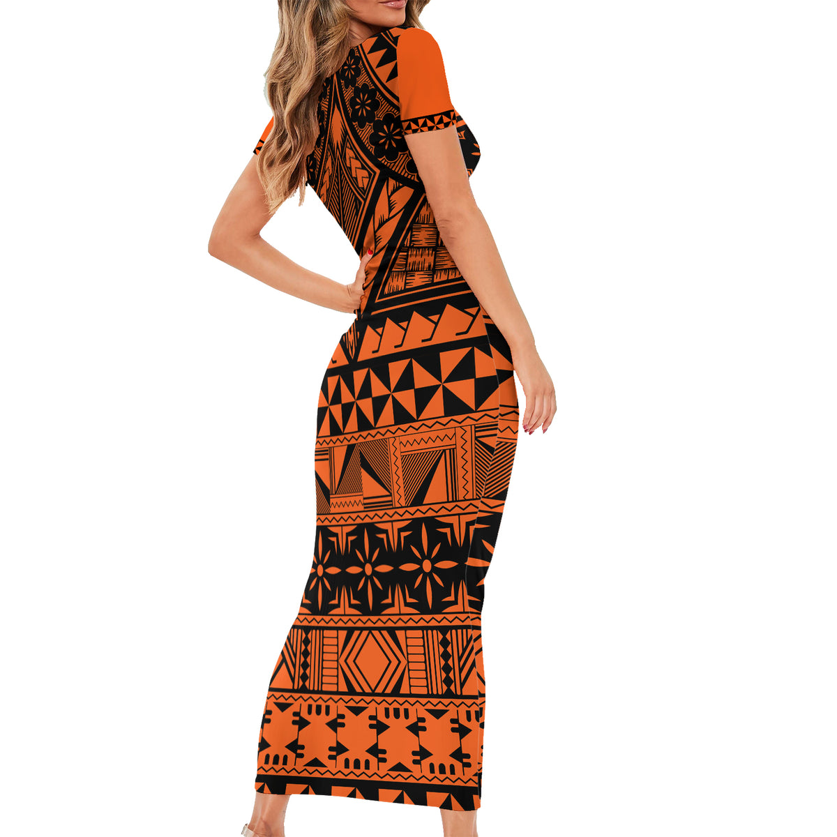 Halo Olaketa Solomon Islands Short Sleeve Bodycon Dress Melanesian Tribal Pattern Orange Version LT14 - Polynesian Pride