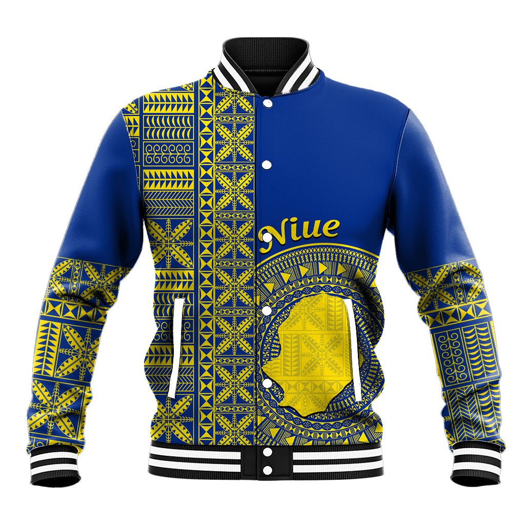Fakaalofa Lahi Atu Niue Baseball Jacket Niuean Map With Hiapo Pattern Blue Version LT14 Unisex Blue - Polynesian Pride
