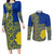 Fakaalofa Lahi Atu Niue Couples Matching Long Sleeve Bodycon Dress and Long Sleeve Button Shirt Niuean Map With Hiapo Pattern Blue Version LT14 Blue - Polynesian Pride