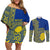 Fakaalofa Lahi Atu Niue Couples Matching Off Shoulder Short Dress and Long Sleeve Button Shirt Niuean Map With Hiapo Pattern Blue Version LT14 Blue - Polynesian Pride