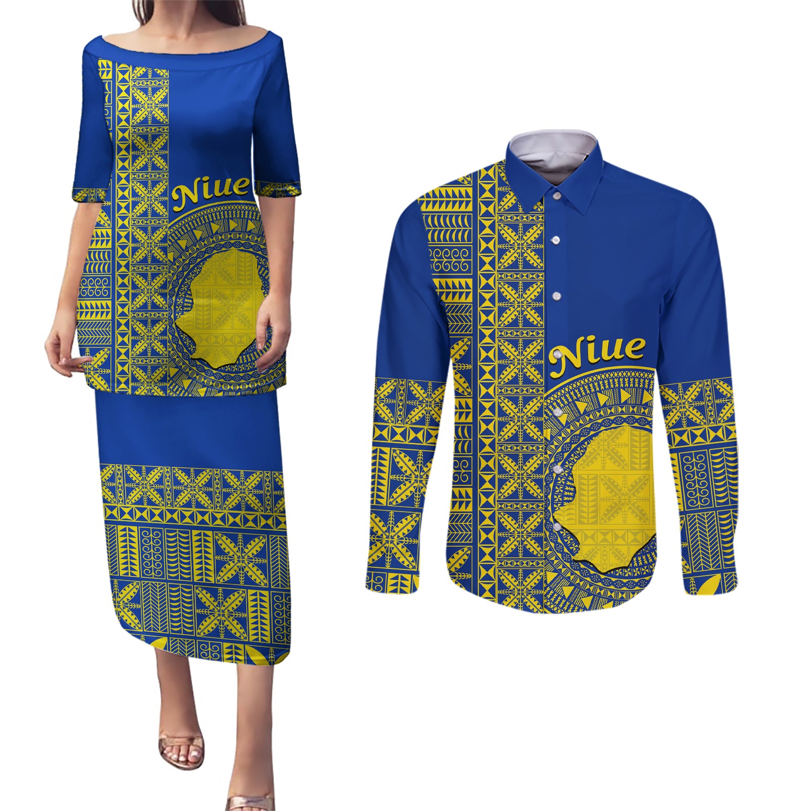 Fakaalofa Lahi Atu Niue Couples Matching Puletasi and Long Sleeve Button Shirt Niuean Map With Hiapo Pattern Blue Version LT14 Blue - Polynesian Pride