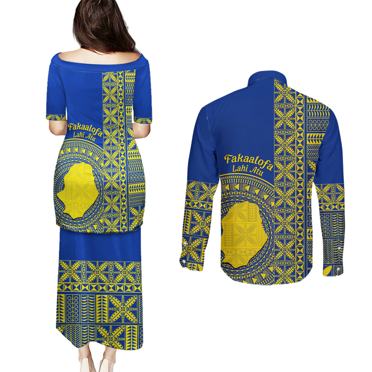 Fakaalofa Lahi Atu Niue Couples Matching Puletasi and Long Sleeve Button Shirt Niuean Map With Hiapo Pattern Blue Version LT14 - Polynesian Pride