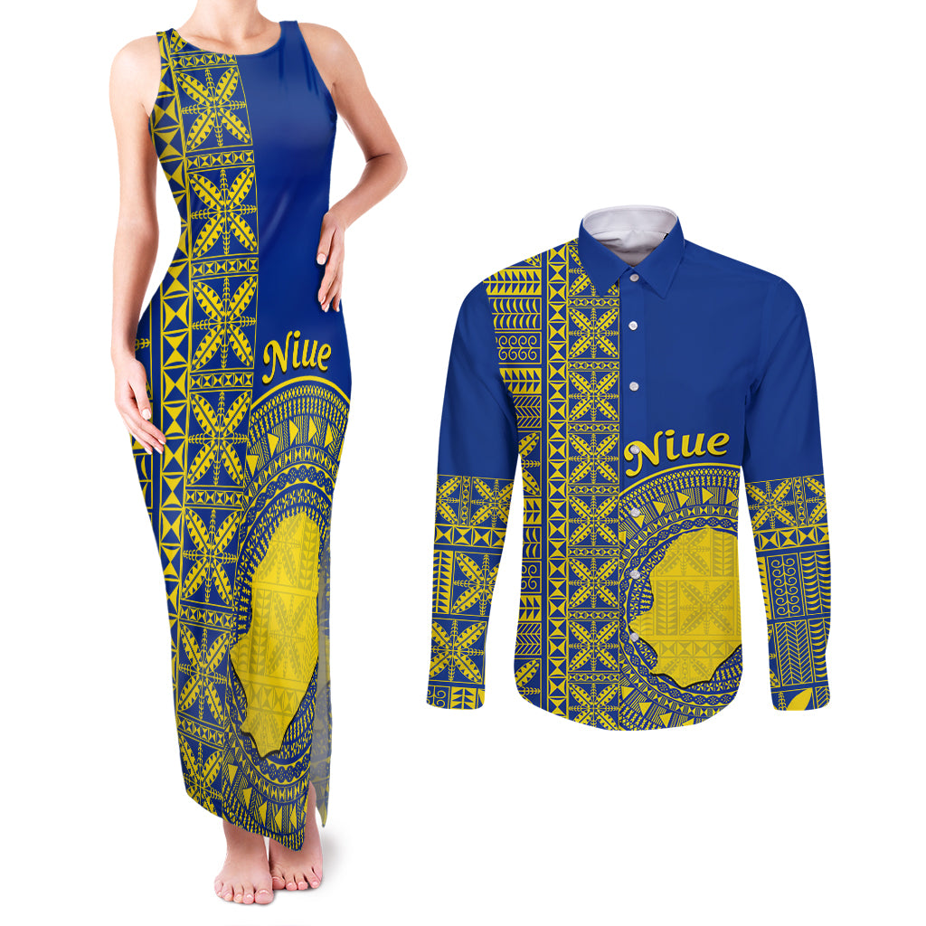 Fakaalofa Lahi Atu Niue Couples Matching Tank Maxi Dress and Long Sleeve Button Shirt Niuean Map With Hiapo Pattern Blue Version LT14 Blue - Polynesian Pride